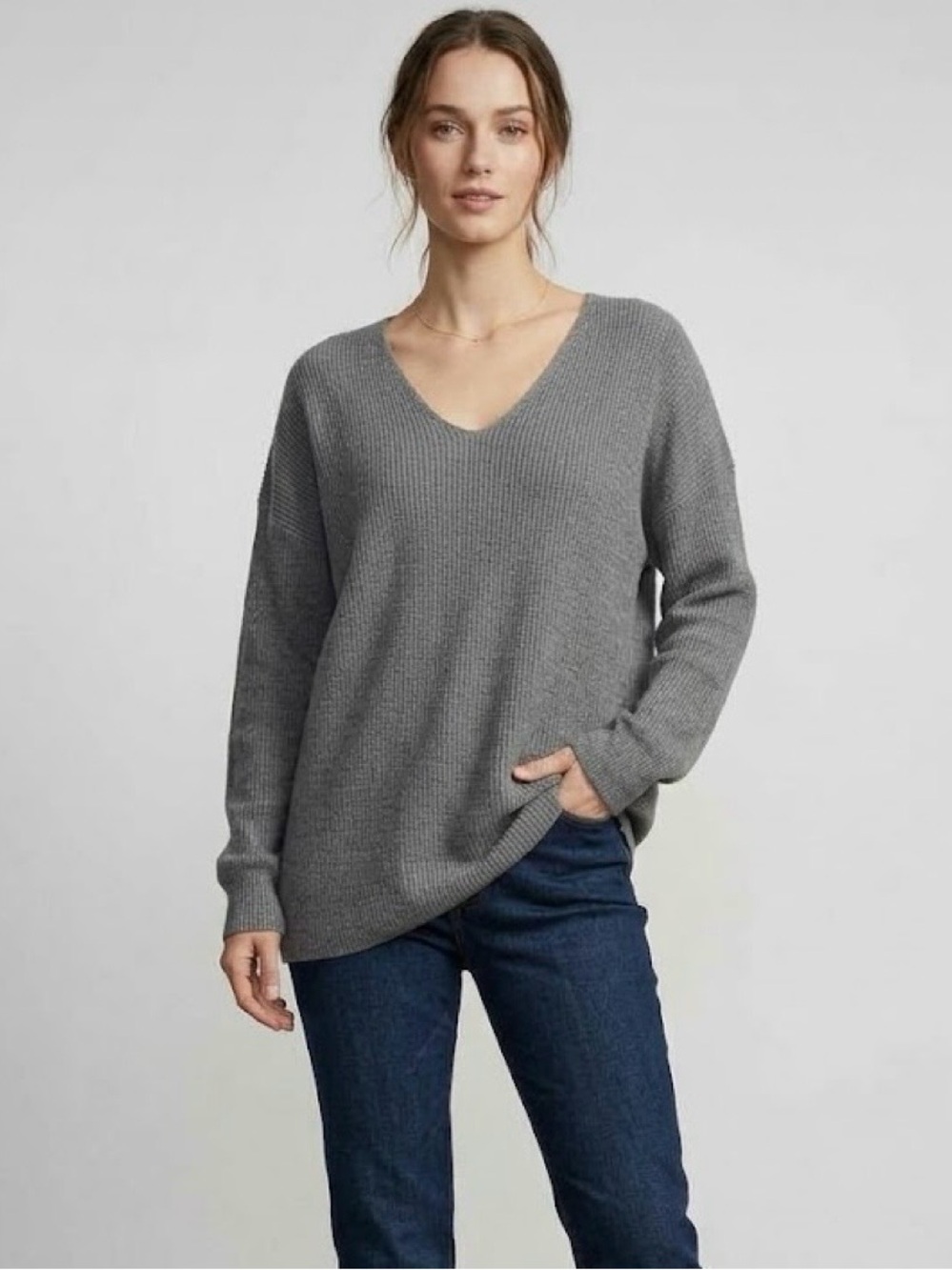 SOMETHING NAVY Grey V-Neck Oversized Wool Blend Knit Sweater M